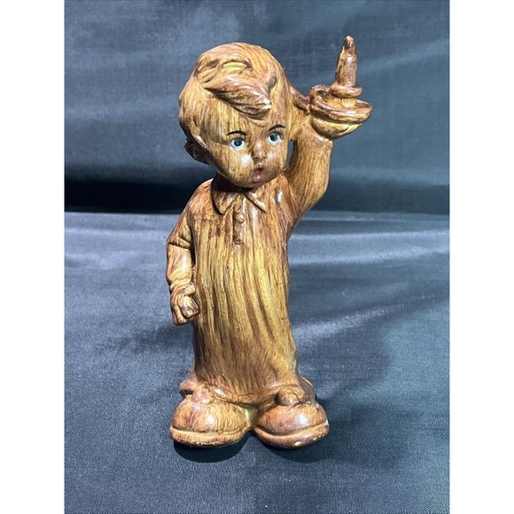 Art Vintage Choir Boy Figurine With Candle Made In Hong Kong Brown